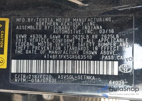 2016 Toyota Camry Le from USA, damaged, VIN 4T4BF1FK5GR563510